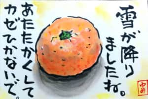 雪が降りましたね。あたかくしてカゼひかないで。