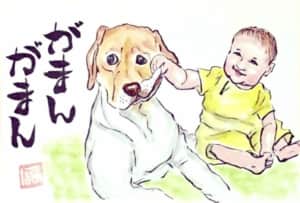 赤ちゃんとラブラドールレトリバー犬の絵手紙