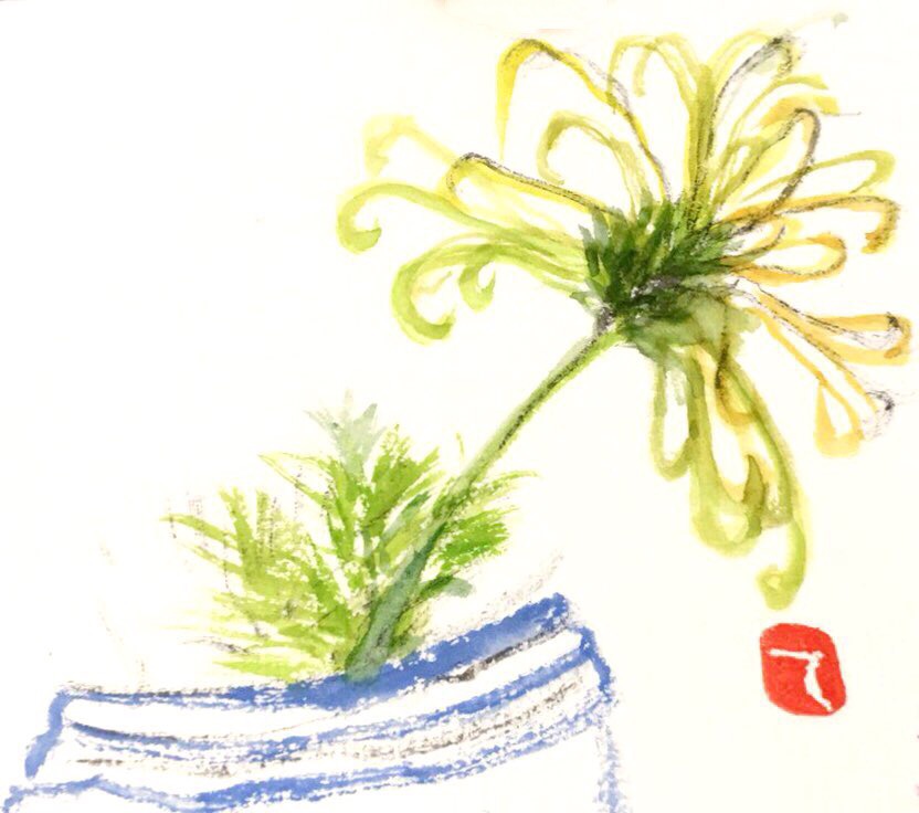 青い花瓶とスプレー菊