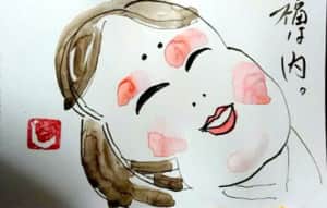 福は内 おかめの面の絵手紙