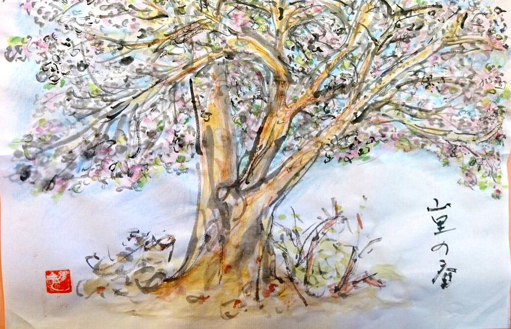 山里の春、夕暮れの桜