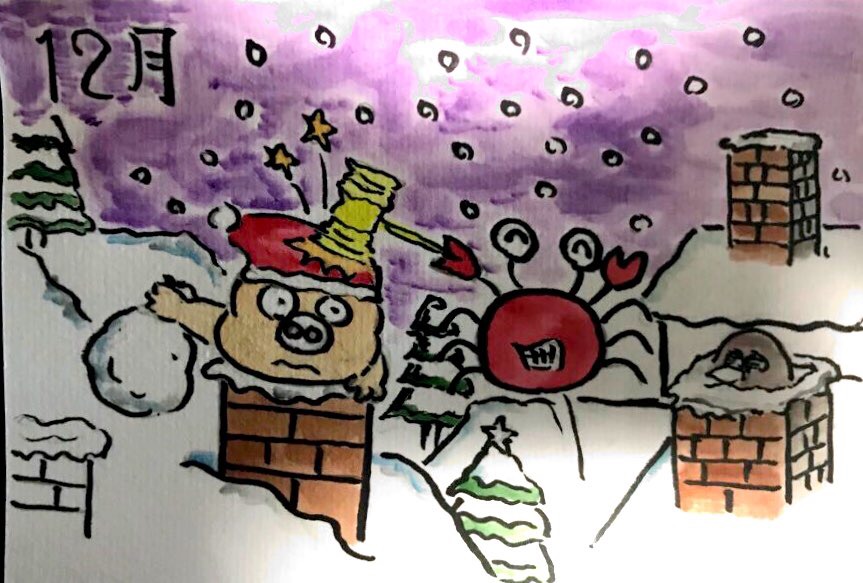 雪降るクリスマス、十二月のカレンダー絵手紙