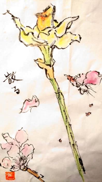 散る桜と黄水仙の花