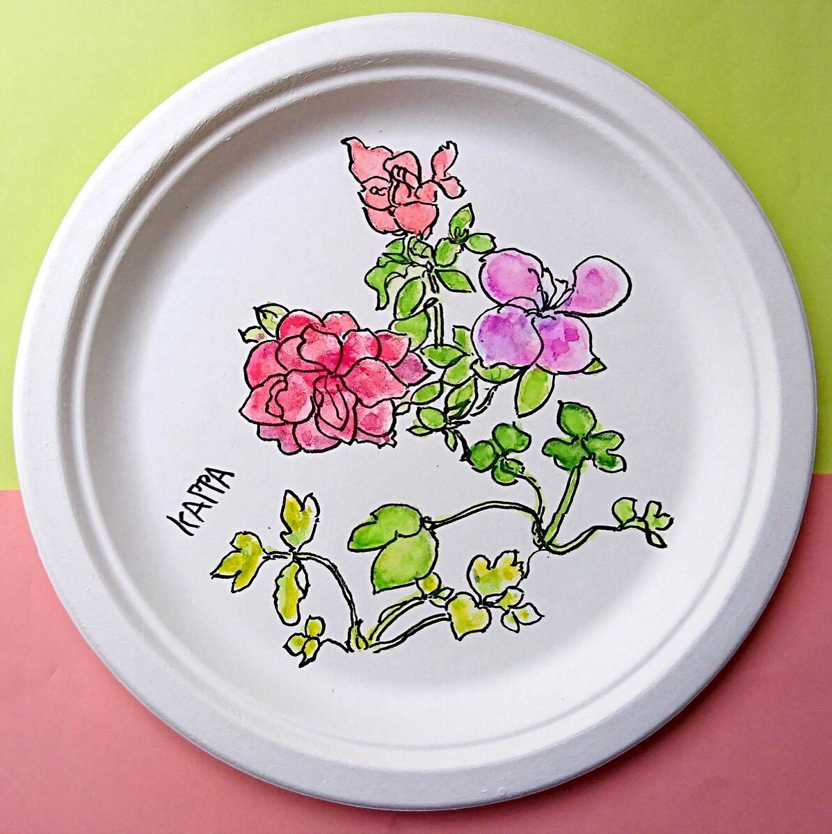 バラの花の紙皿絵手紙