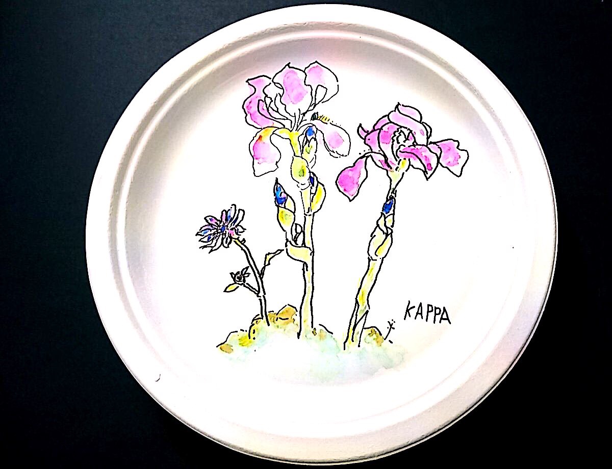 アイリスの花の紙皿絵手紙