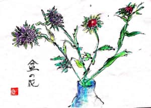 盆の花 〜花瓶に挿したアスター(エゾギク)〜