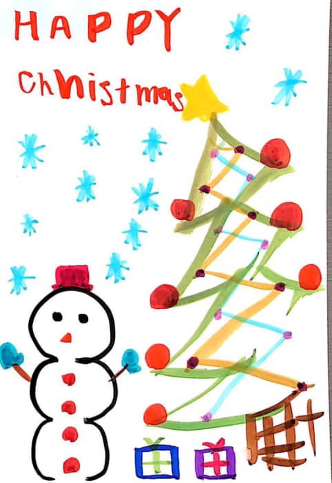 Happy Christmas クリスマスツリーと雪だるまのクリスマスカード 絵手紙 交流ひろば てがみ倶楽部絵手紙 交流ひろば てがみ倶楽部