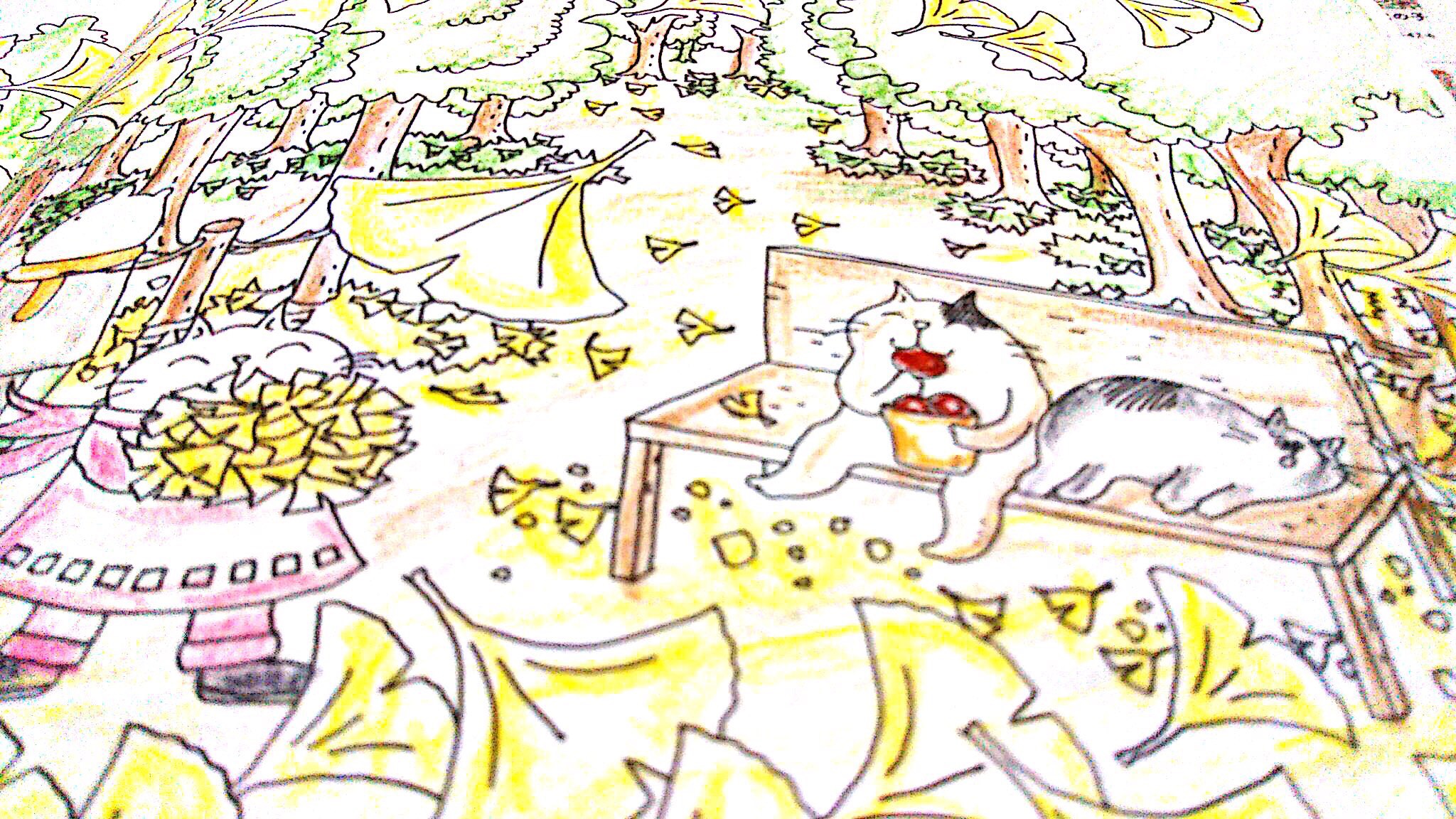 イチョウの葉舞う公園にいる猫の塗り絵
