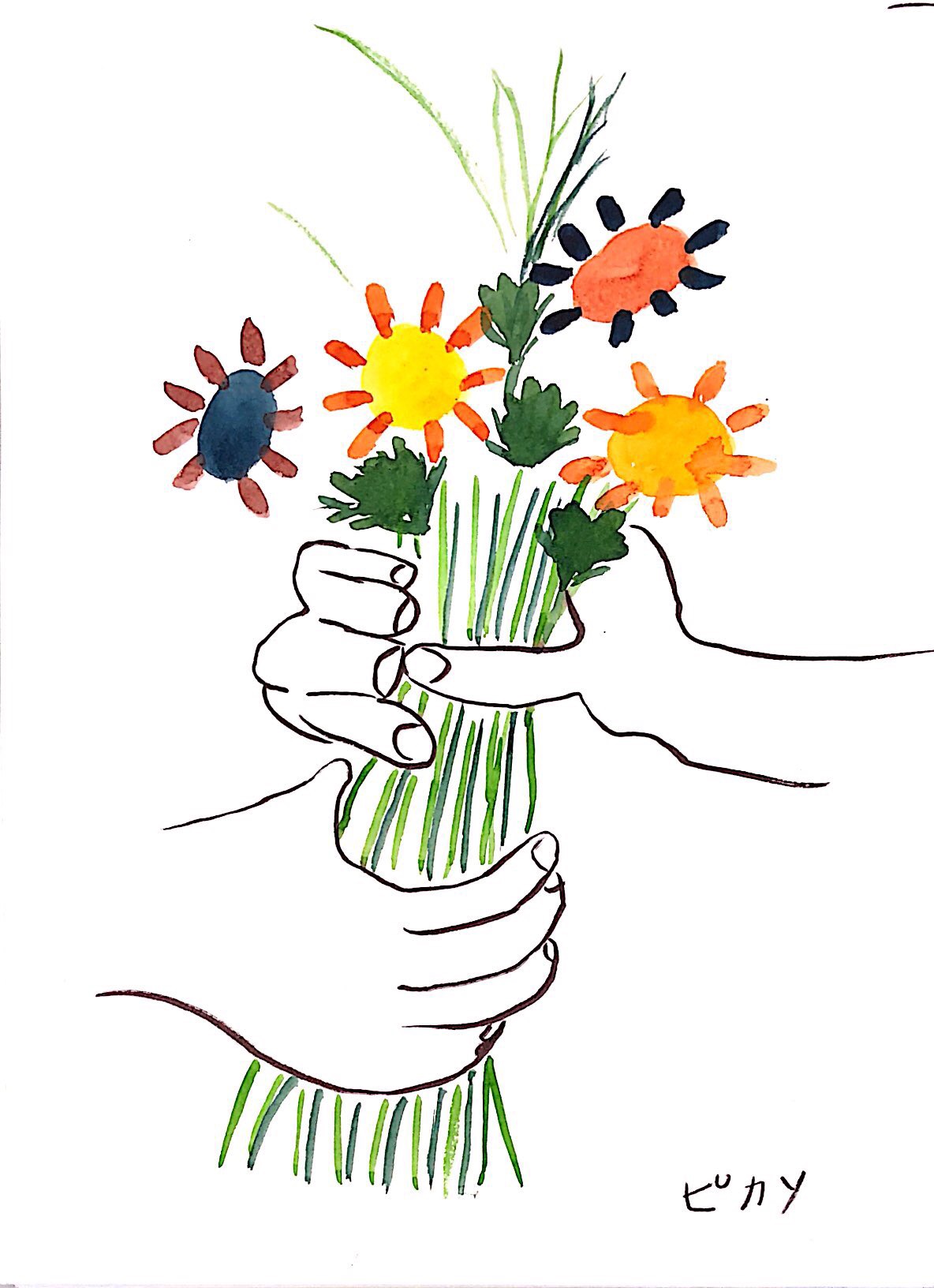 ピカソの「花束を持つ手」模写