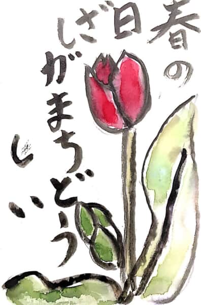 春の日差しが待ち遠しい チューリップの花の絵手紙