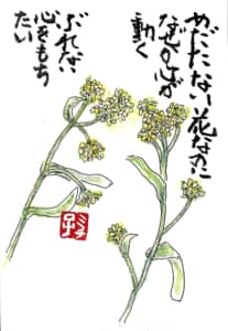 めだたない花なのに なぜか心が動く ぶれない心をもちたい 〜菜の花の絵手紙〜