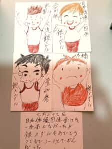 7月27日 団体体操、橋本、谷川、管、北園、銀メダル 日本体操団体金には一本届かないかったが銀メダルおめでとう ここまでノーミスで頑張ったおめでとう感動