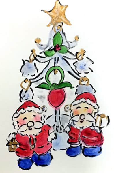 サンタクロースとクリスマスツリーのクリスマスカード絵手紙