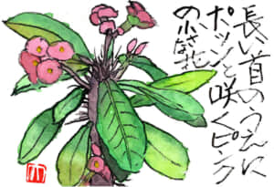 長い首のうえにポツンと咲くピンクの小さな花