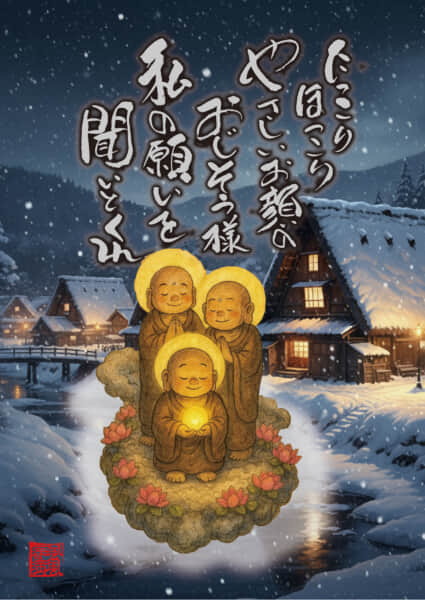 にっこりほっこりの優しい笑顔のお地蔵様私の願いを聞いとくれ